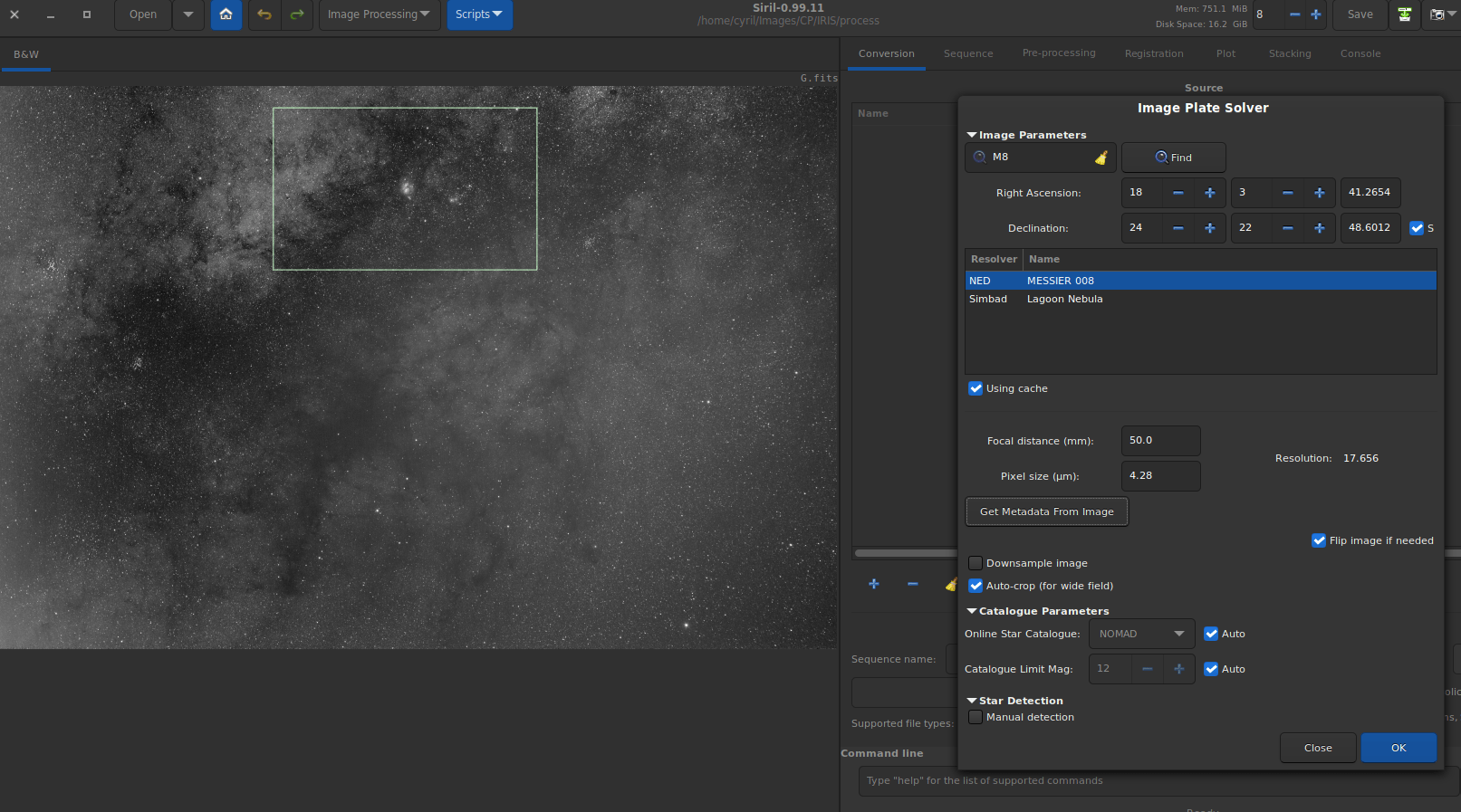 It is now possible to perform astrometry on part of the image by making a selection around a known object, here M8, the Lagoon Nebula.