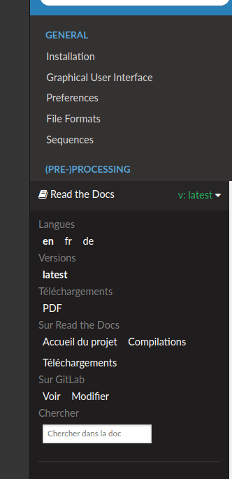 Left panel to switch between languages and to access a PDF version.