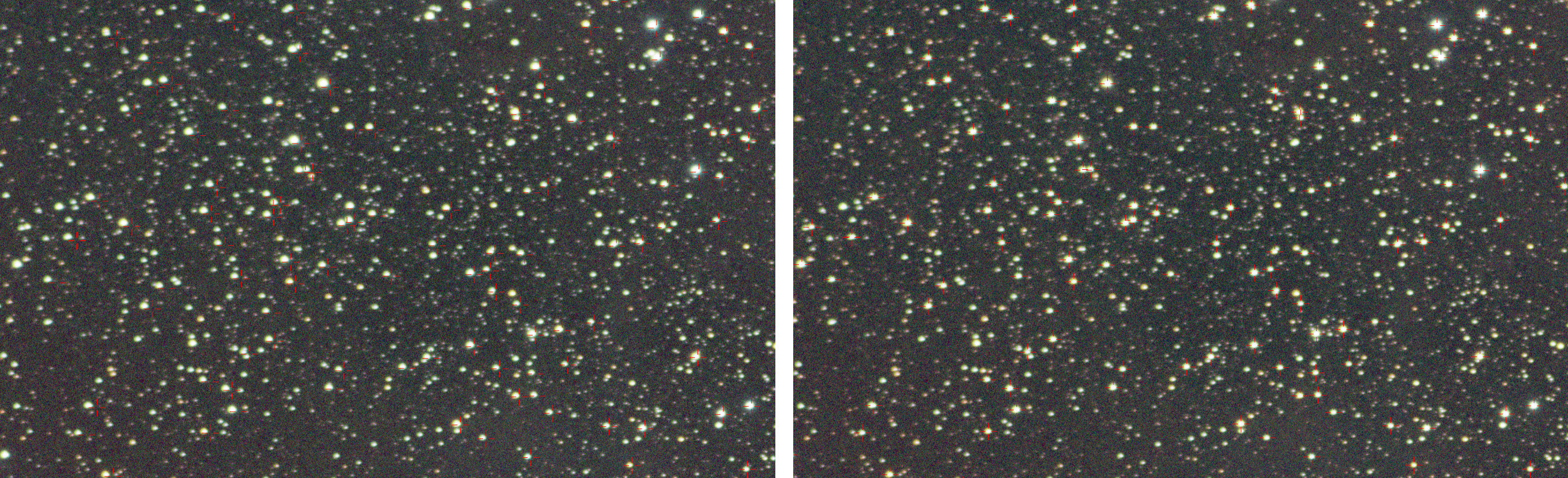 Comparaison d&rsquo;une astrométrie faite en linéaire, à gauche, et en cubique, à droite. On voit que les étoiles du catalogue (mires rouges) sont pointées très précisément (cliquer pour zoomer).