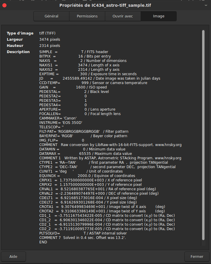 Méta-données d&rsquo;une image ASTRO-TIFF telles que vu au travers d&rsquo;un simple navigateur de fichiers sous GNU/Linux.