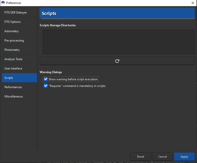 Preferences dialog box. Script paths can be added here.