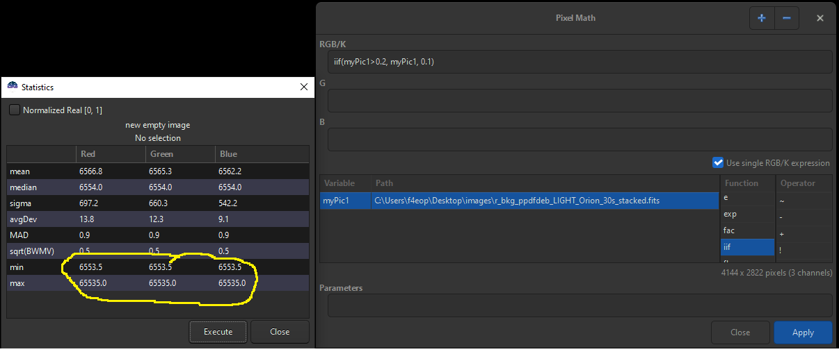 Statistiques pour l&rsquo;image RVB myPic1.fits aprés PM