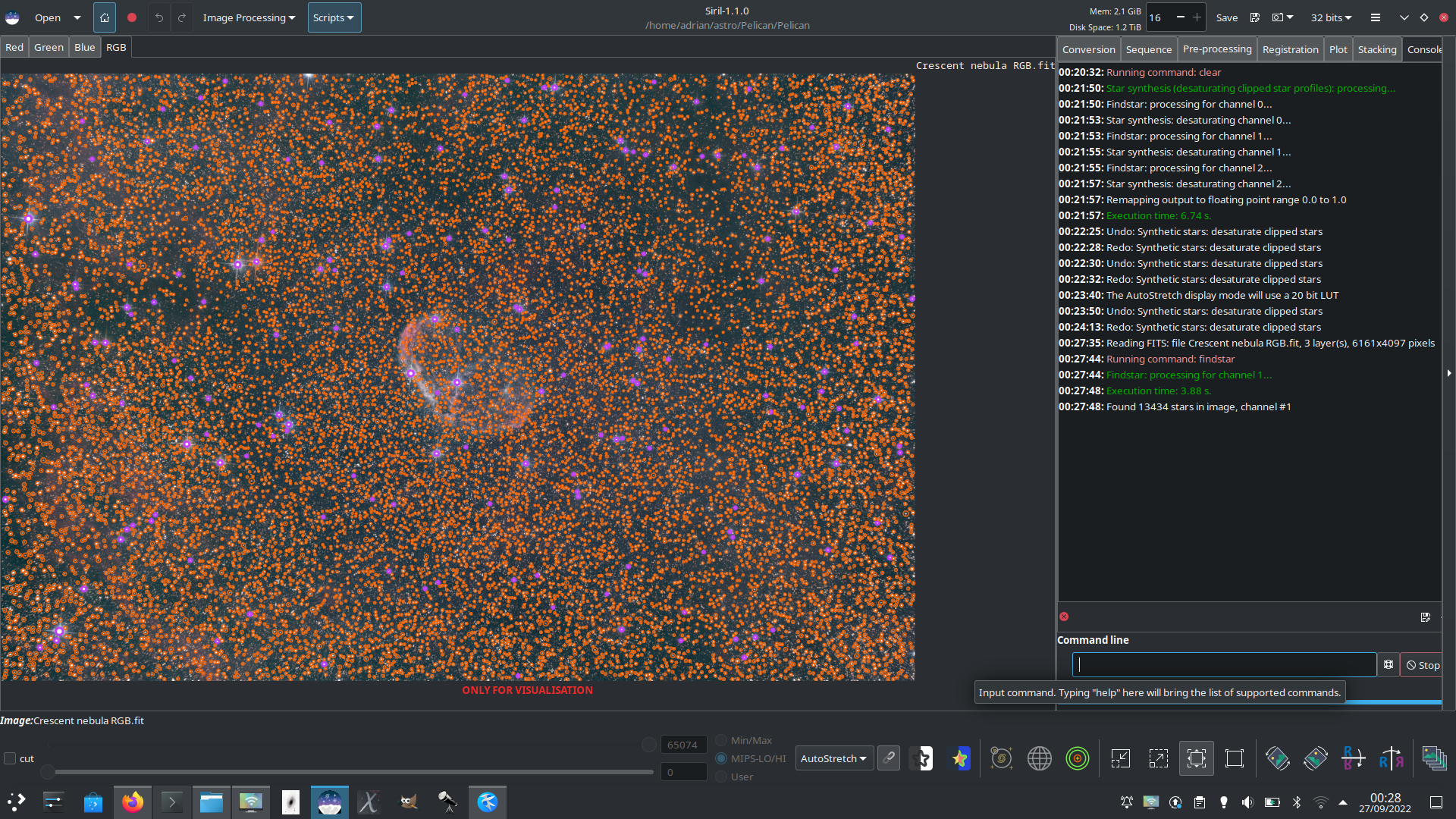 Siril is good at finding a lot of stars - over 13,000 in this image of the Crescent nebula!